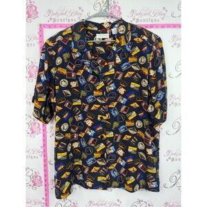 Shirt vintage Navy Short-Sleeve Button-Down Shirt with Travel Patch Print